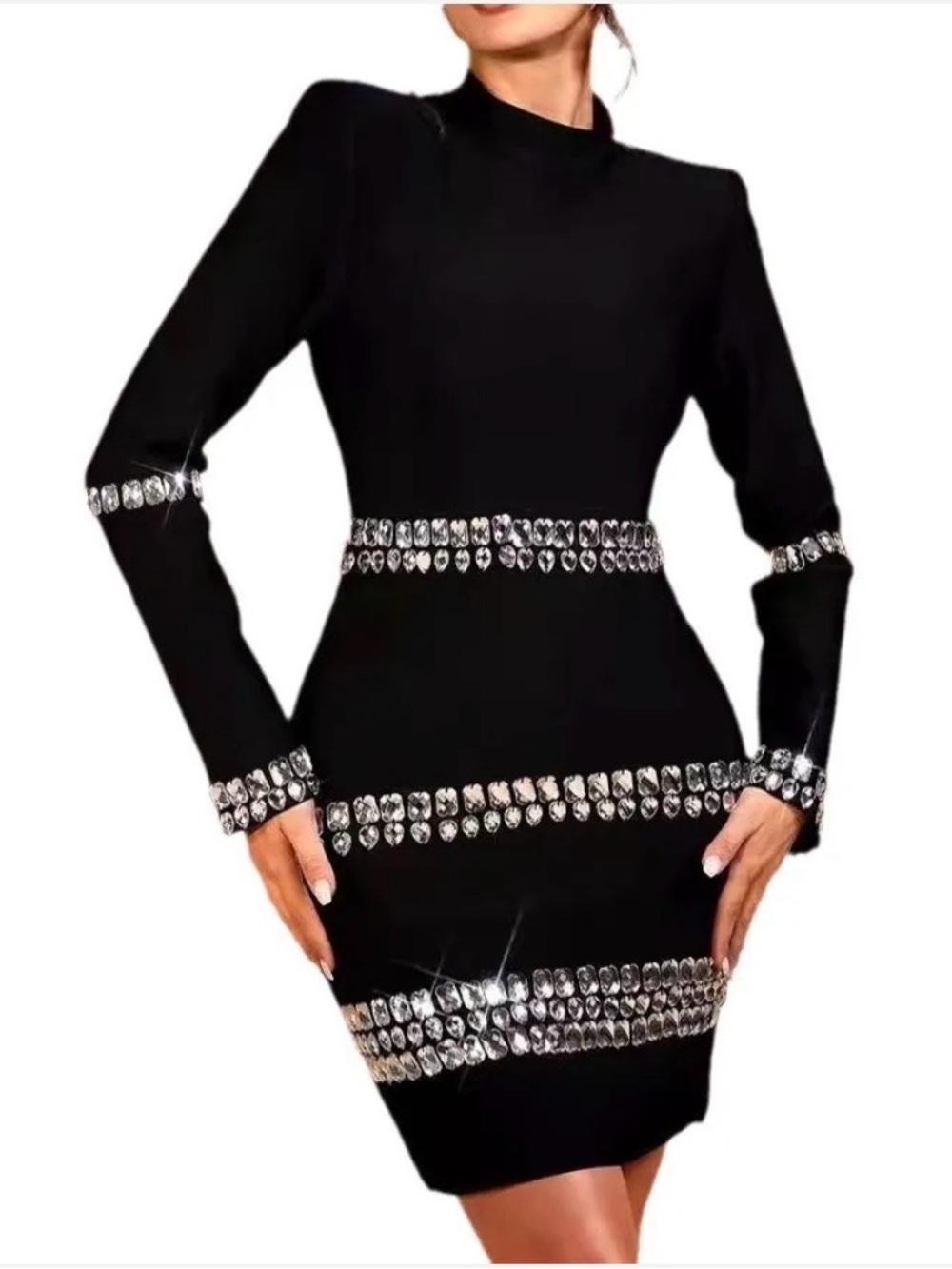 Black Long-Sleeve Bodycon Dress with Crystal Band Accents
